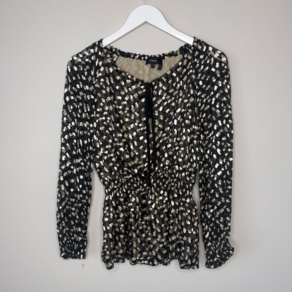 Theory | Silk Blend Sheer Peplum Hem Blouse Top Size Small